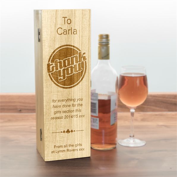 Wooden Wine Box with Hinged Lid - Thank You