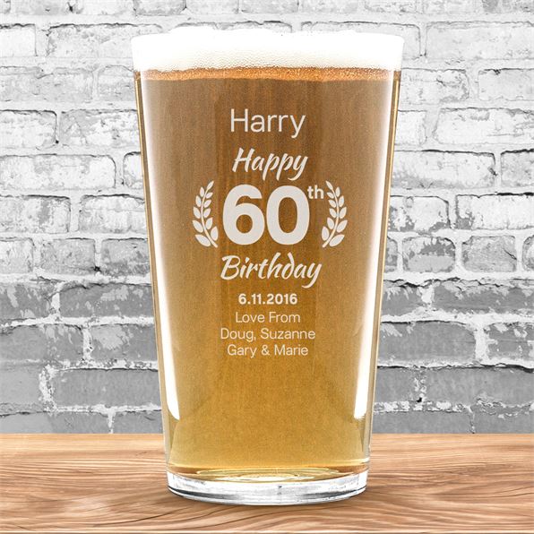 60th Birthday Pint Glass Personalised Laurel Wreath Design