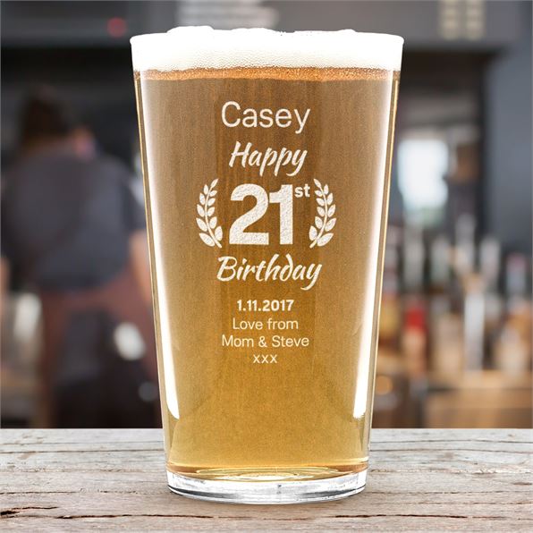 21st Birthday Pint Glass Personalised - Laurel Wreath