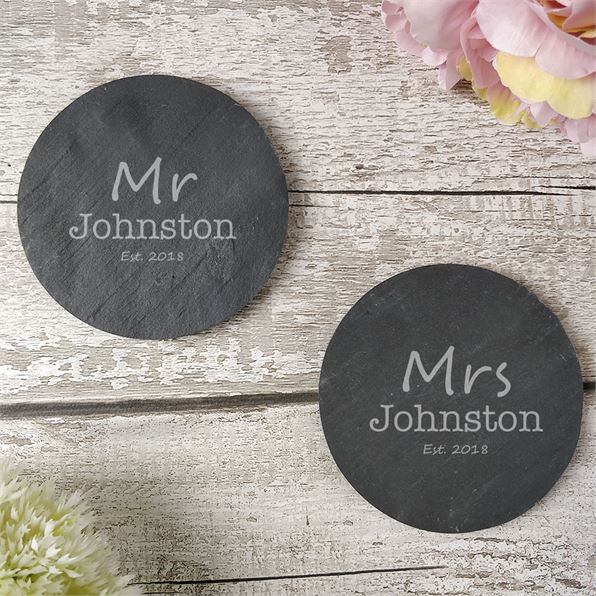 Mr and Mrs Personalised Round Slate Coaster Set