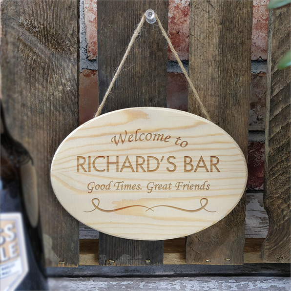 Personalised Welcome To The Bar Wooden Hanging Sign