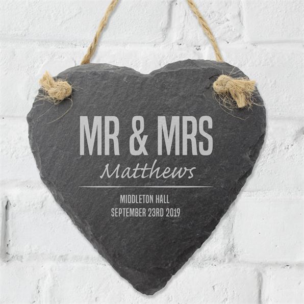 Mr & Mrs Slate Hanging Heart