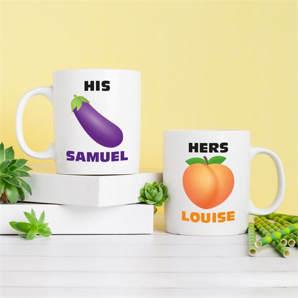 Personalised His & Hers Emoji Aubergine & Peach Mugs