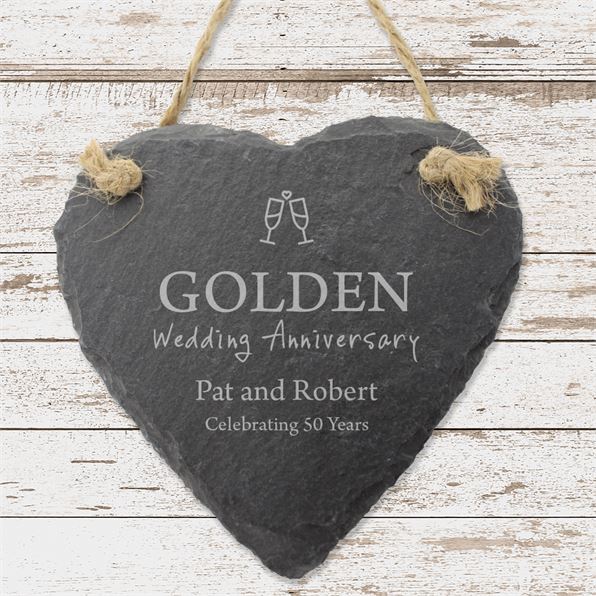 Golden 50th Wedding Anniversary Personalised Slate Heart