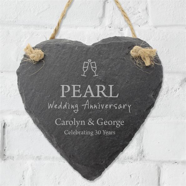 30th Pearl Wedding Anniversary Personalised Slate Heart