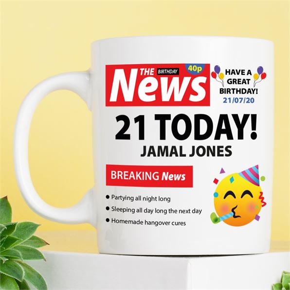 Personalised Happy 21st Birthday Newspaper Mug