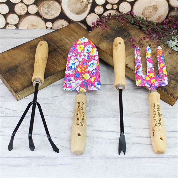 Personalised Your Message Floral Garden Tool Set - Pink