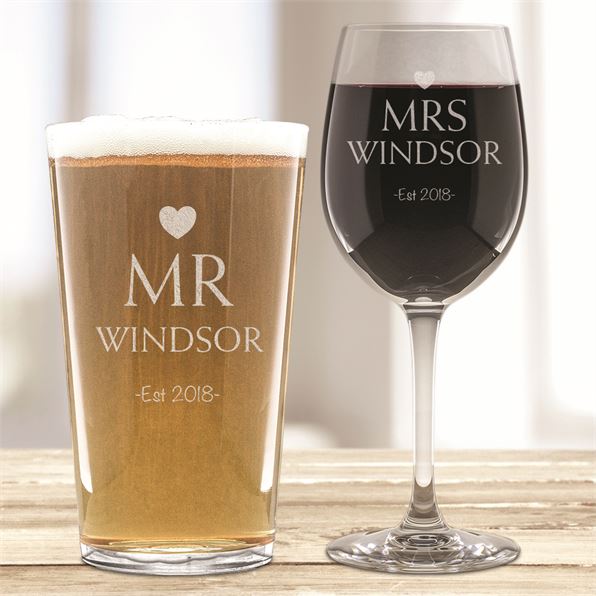 Mr & Mrs Personalised Pint & Wine Glass Set