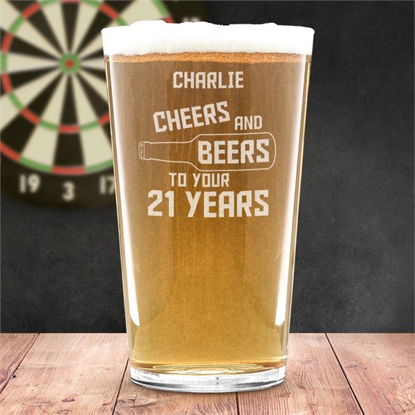 21st Pint Glass Personalised - Cheers and Beers