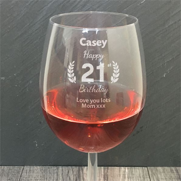21st Wine Glass Personalised Laurel Wreath Design