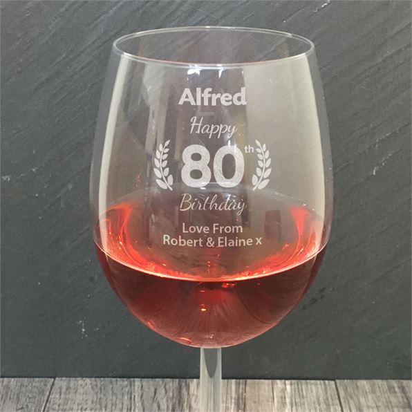 80th Wine Glass Personalised - Laurel Wreath Design