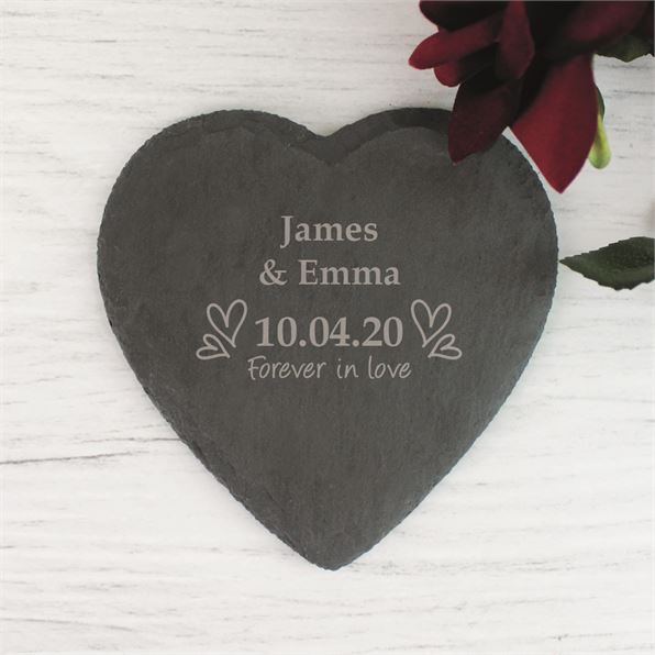Forever In Love Personalised Heart Slate Coaster
