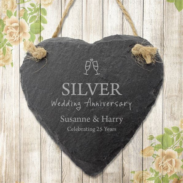 Silver 25th Wedding Anniversary Personalised Slate Heart