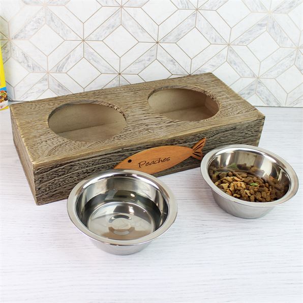 Personalised Wooden Double Cat Bowl Large Feeding Stand