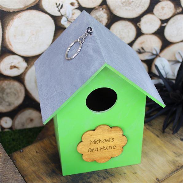 Personalised Bird House Green With Grey Apex Roof