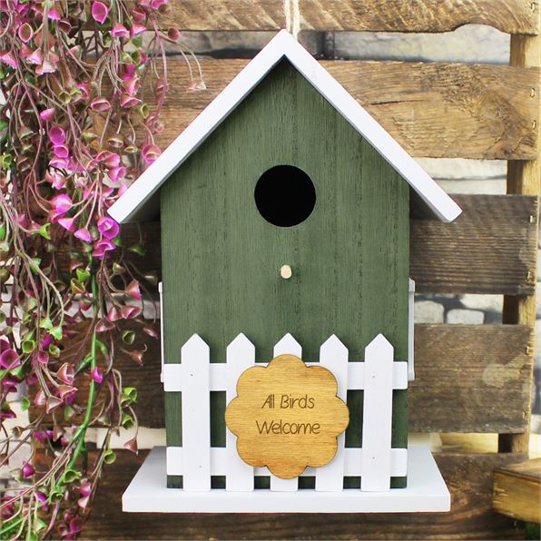 Personalised Bird House With Picket Fence Green