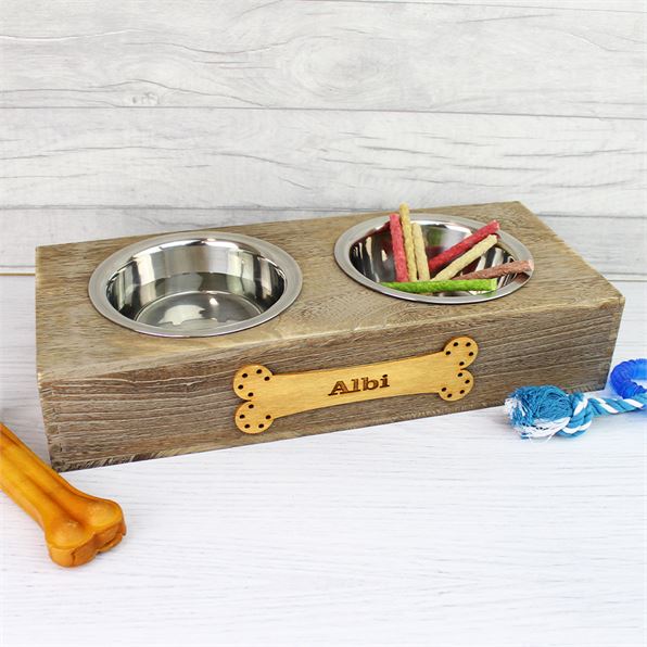 Personalised Wooden Double Dog Bowl Feeding Stand - Food & Water