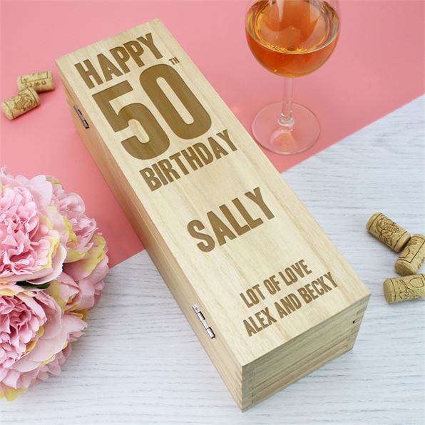 Wooden Wine Box with Hinged Lid - Happy 50th Birthday