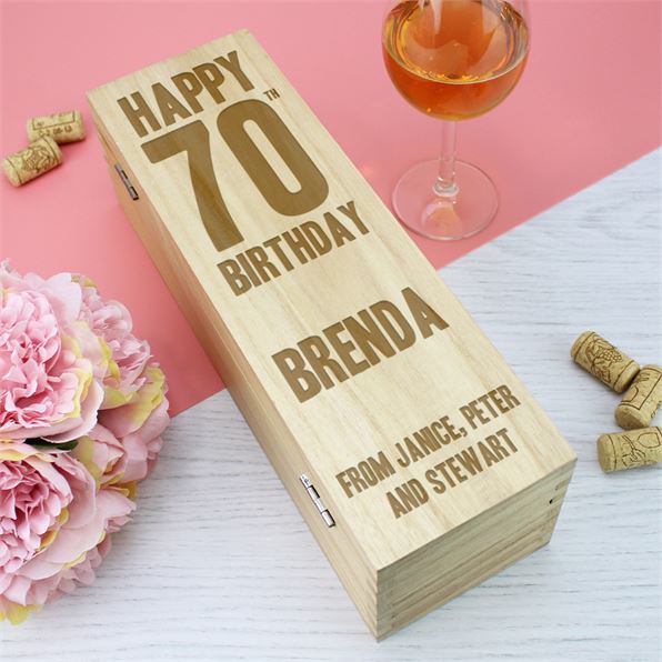 Wooden Wine Box with Hinged Lid - Happy 70th Birthday