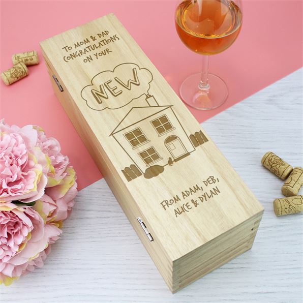 Wooden Wine Box with Hinged Lid - New Home