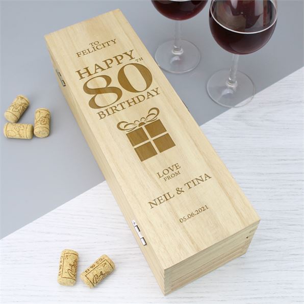 Wooden Wine Box - Happy 80th Present Design