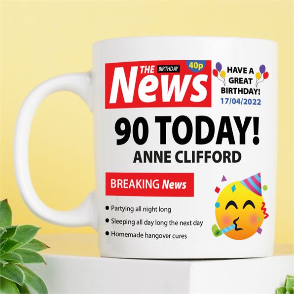Personalised Happy 90th Birthday Newspaper Mug