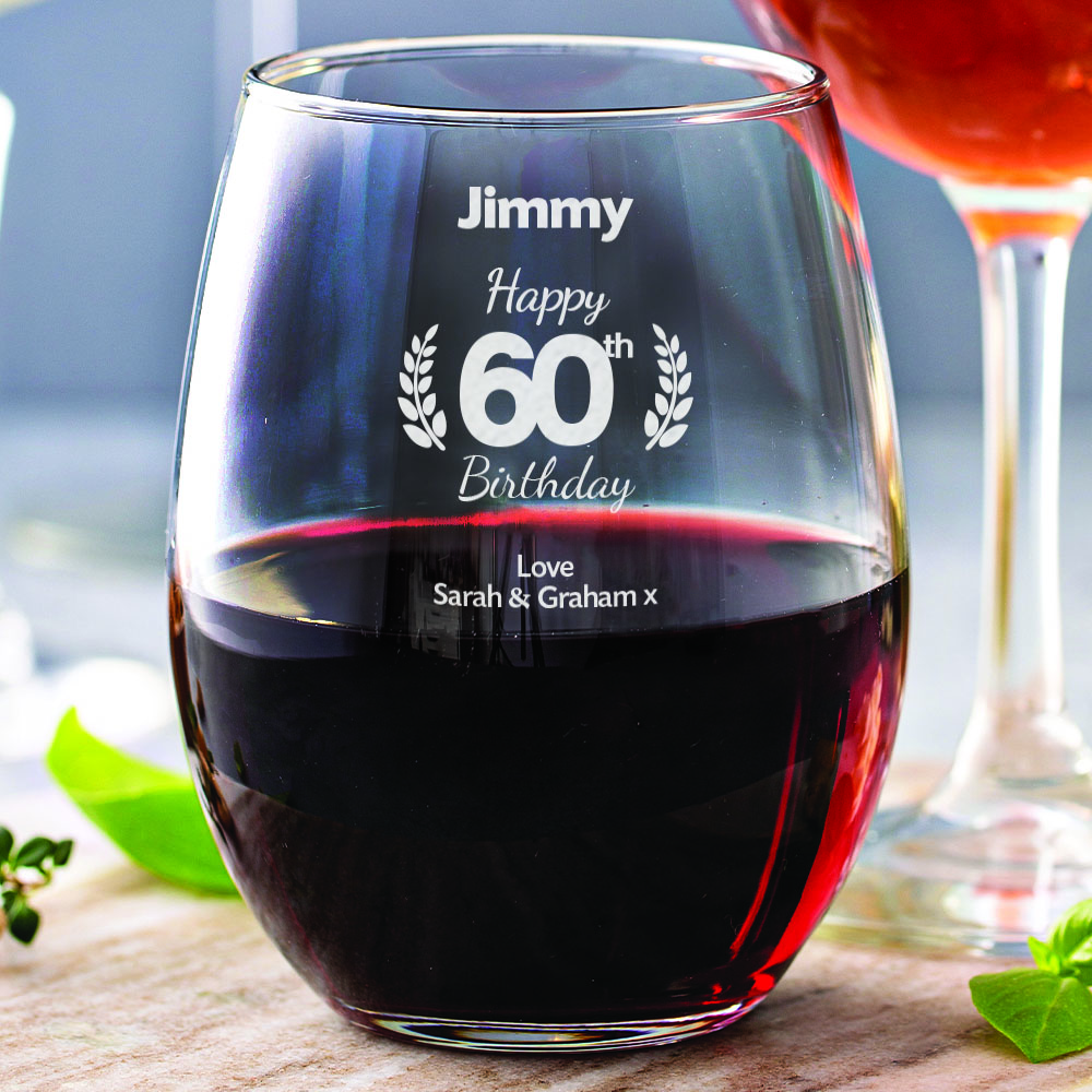 60th Birthday Stemless Wine Glass Laurel Wreath Design | Gift Store Ltd