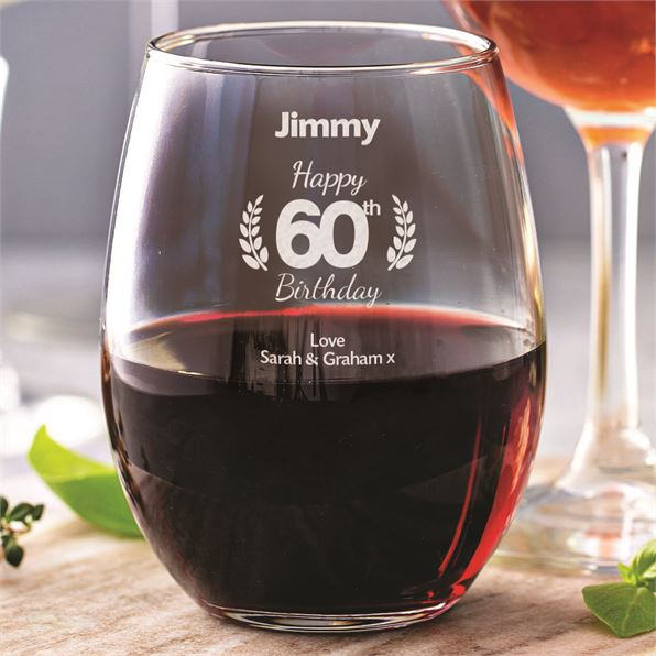 60th Birthday Stemless Wine Glass Laurel Wreath Design